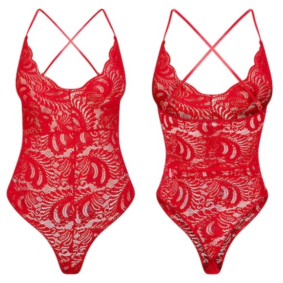 LAST CHANCE | Red Sheer Lace Cross Back Bodysuit - Picture 3 of 4